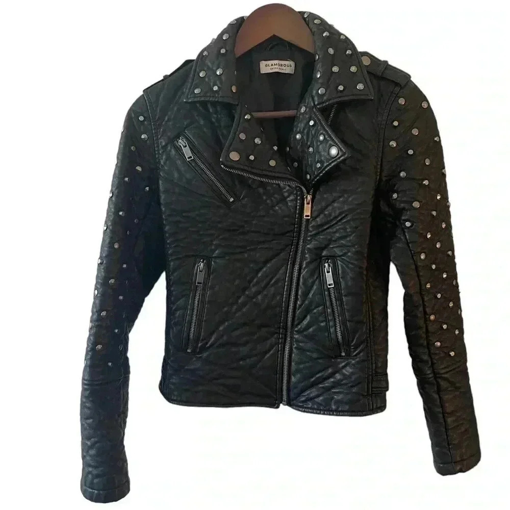 Glamorous Studded Faux Leather Moto Jacket XS Black Biker Punk Rocker Y2K - Picture 8 of 12